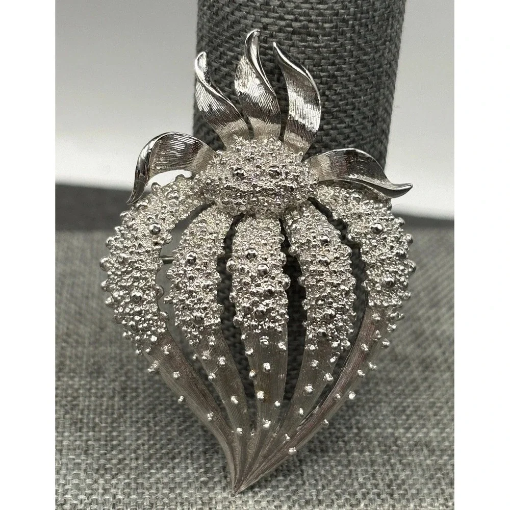 Vintage Monet Textured Strawberry Silver Tone Fruit Brooch Pin